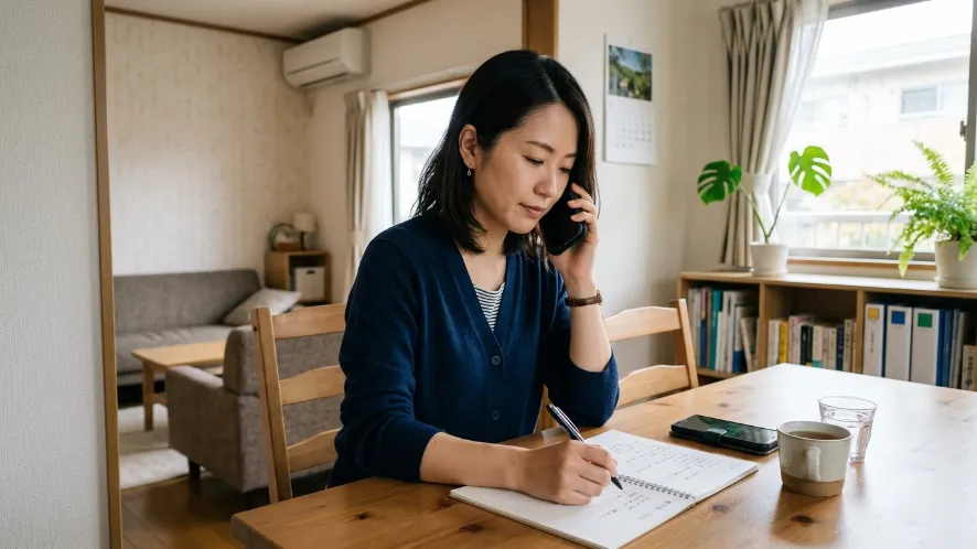 自宅でスマートフォンを使いながら遺失届や管理会社への連絡内容をメモする日本人女性