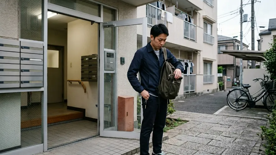 賃貸マンションの玄関前で鍵を探しながら落ち着いて状況を確認する日本人男性