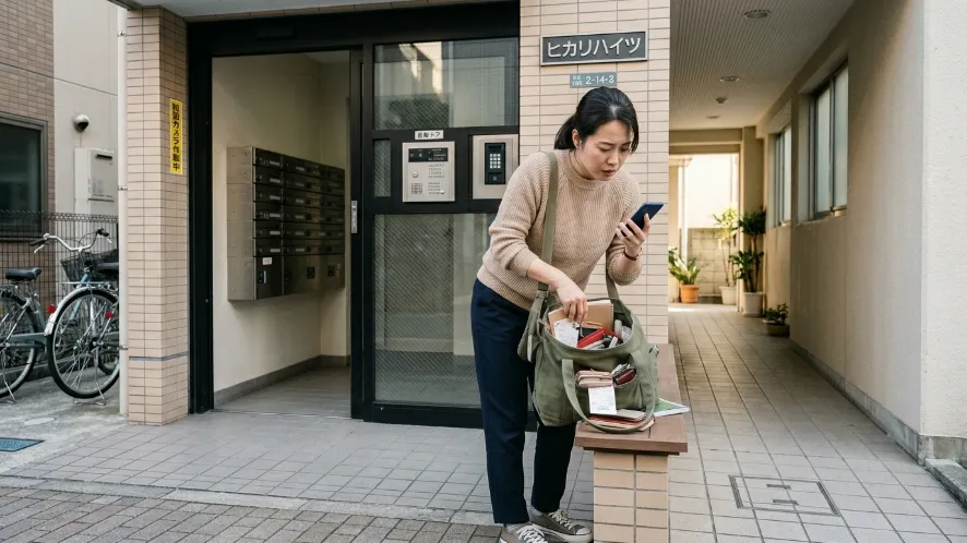 賃貸マンションの玄関前で鍵を紛失しスマートフォンで連絡しようとする日本人女性