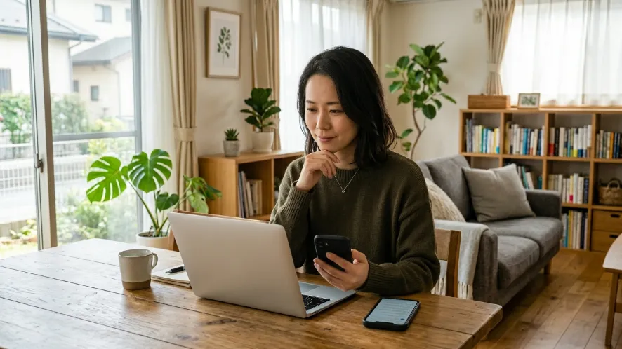 自宅のリビングでスマートフォンとパソコンを使い鍵紛失の疑問を調べる日本人女性