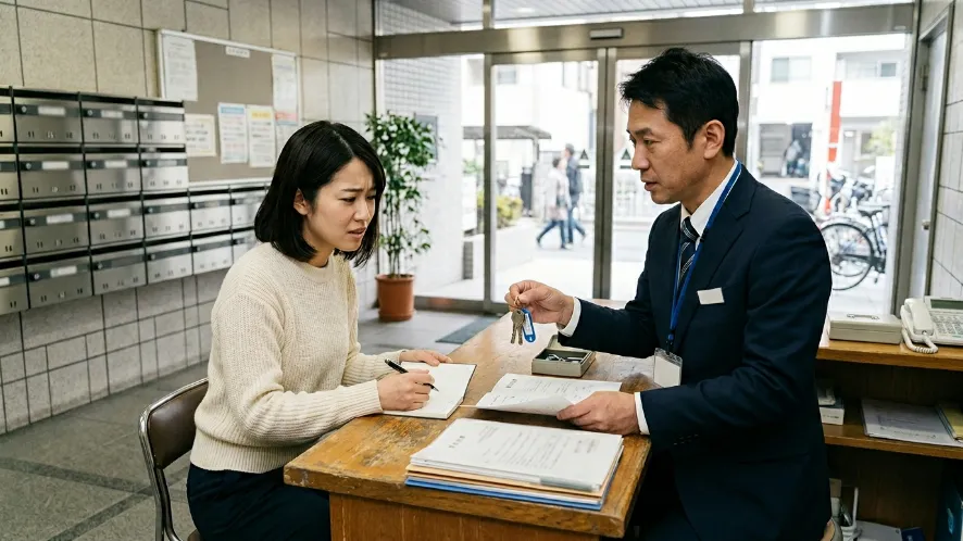 賃貸物件の合鍵について管理会社に相談する女性の入居者