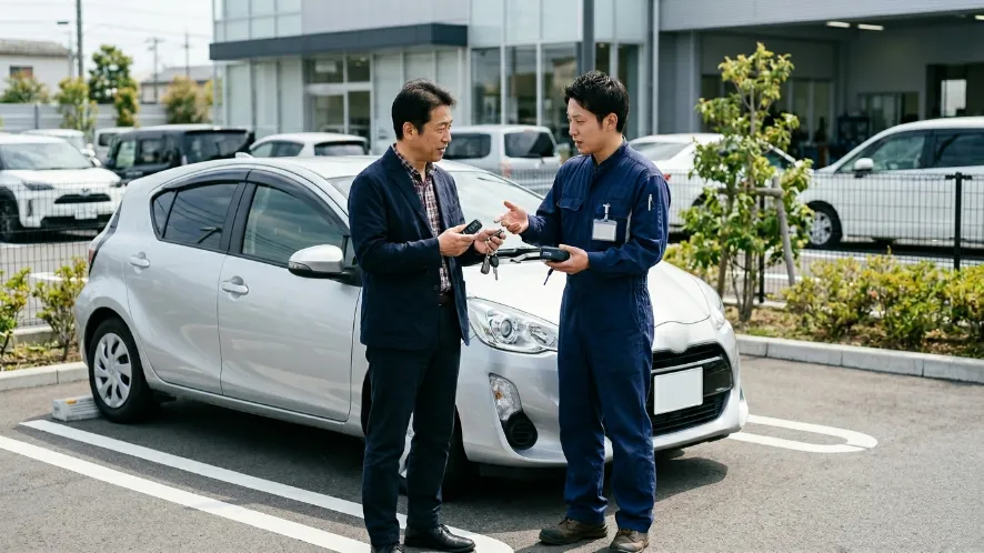車のスペアキー作成について相談する日本人男性