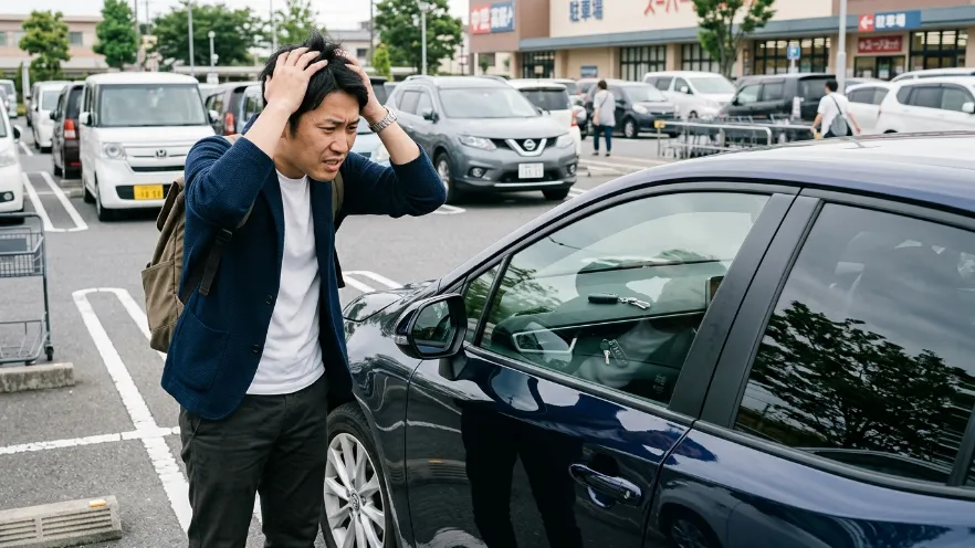 車の鍵を車内に閉じ込めて駐車場で困る日本人男性