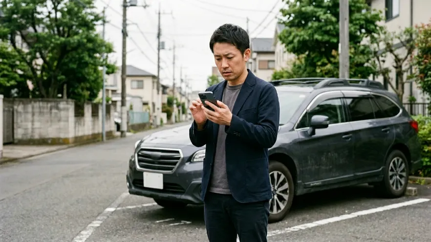 車のそばでスマートフォンを使って鍵閉じ込めの疑問を調べる日本人男性