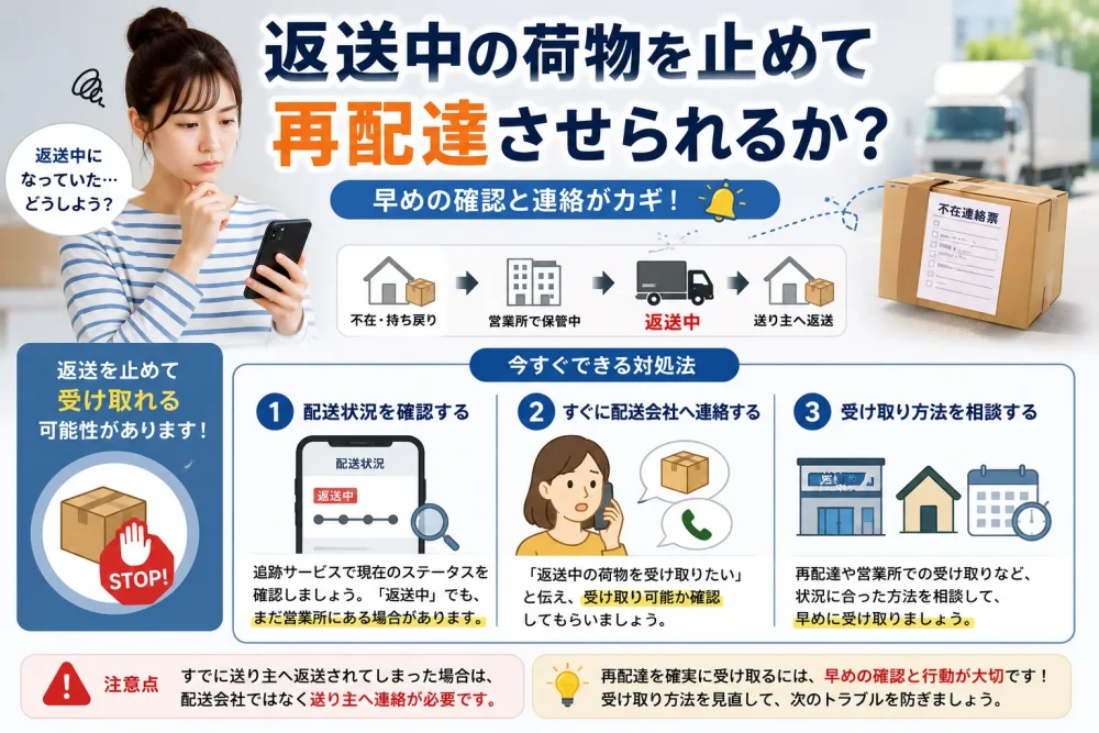 返送中の荷物を止めて再配達できるか確認する図解