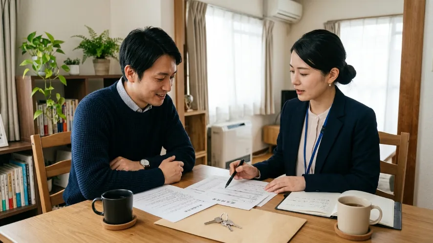 賃貸住宅の室内で退去時の鍵紛失について書類を確認する日本人男女