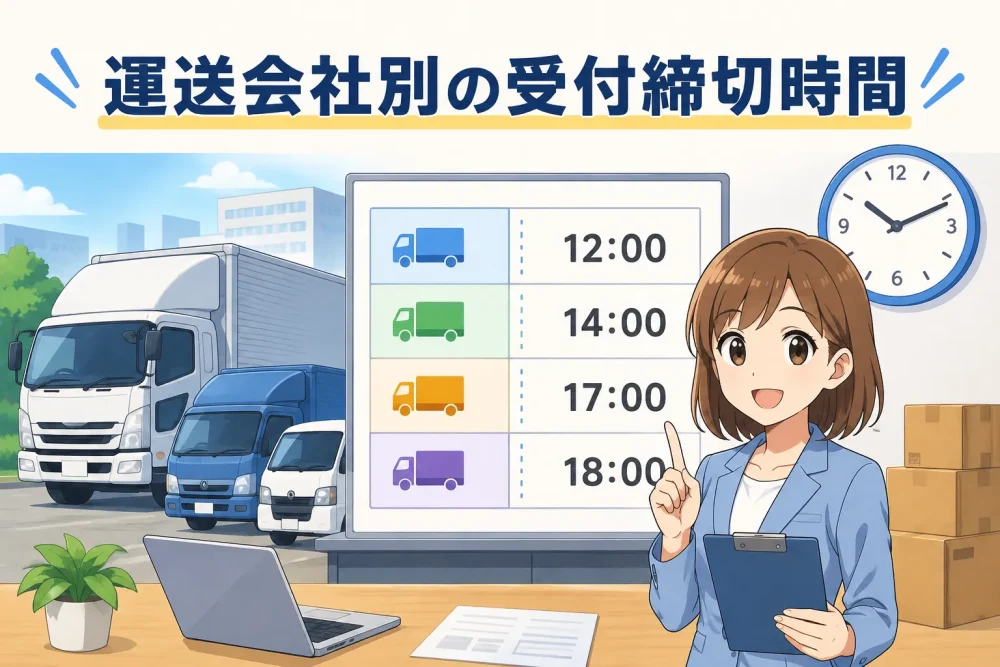 運送会社別の再配達受付締切時間をスケジュール表と時計で確認する女性のアニメイラスト