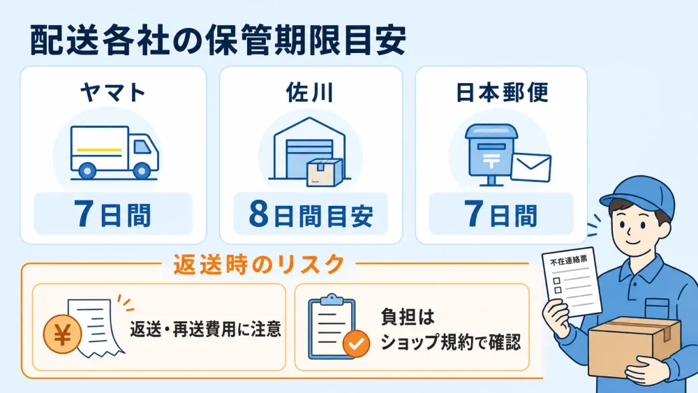 ヤマト運輸・佐川急便・日本郵便の保管期限目安と返送時の費用リスクをまとめた図解