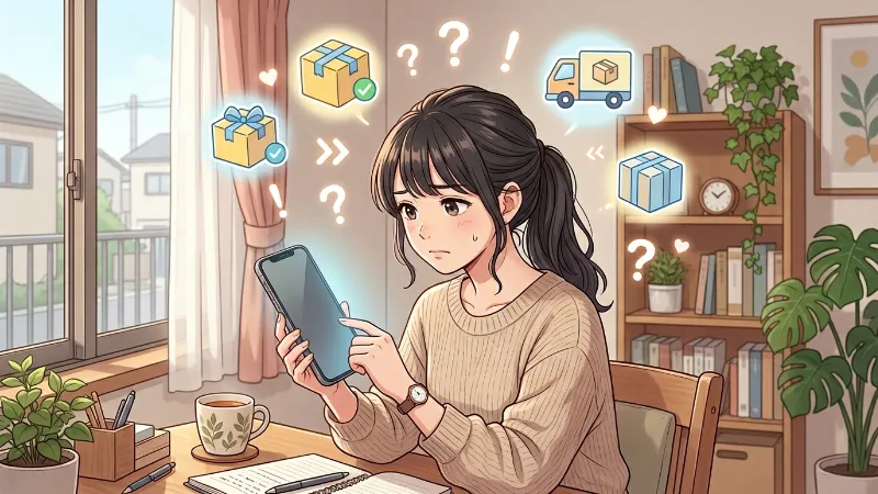 配達日時変更についてスマホを見ながら悩む女性のイメージ