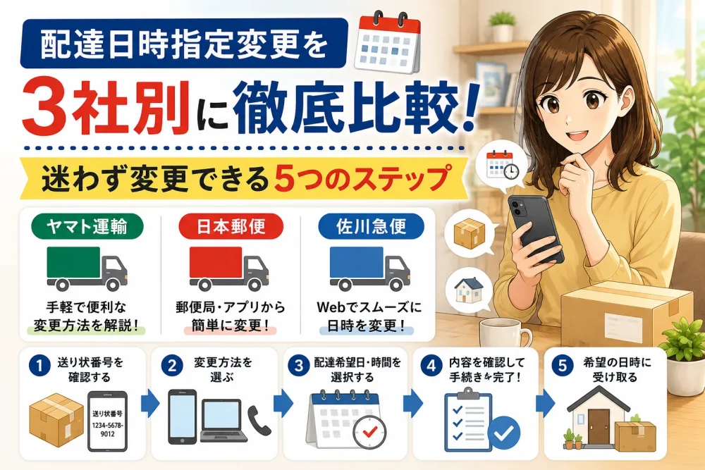 配達日時指定変更を3社比較しスマホで変更手順を確認する女性のイメージ