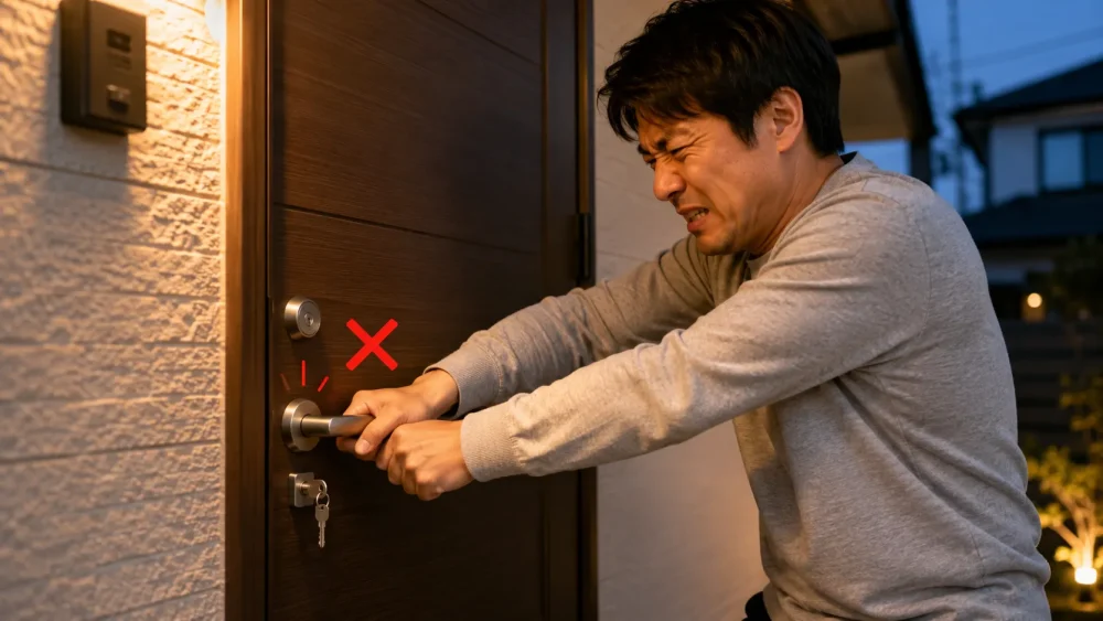 男性が玄関ドアのノブを無理に回そうとしている危険な様子