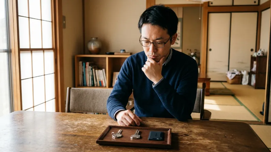 テーブルに並んだ複数の鍵を見比べながら交換費用を考える日本人男性