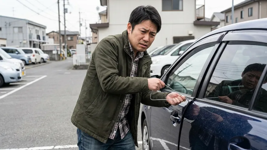 車のドアを無理にこじ開けようとしている日本人男性