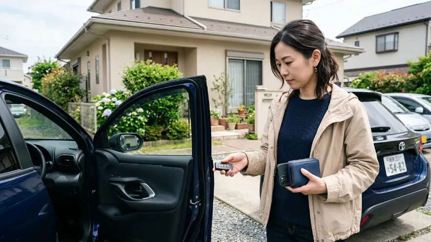 車のドアを閉める前にスマートキーを確認する日本人女性