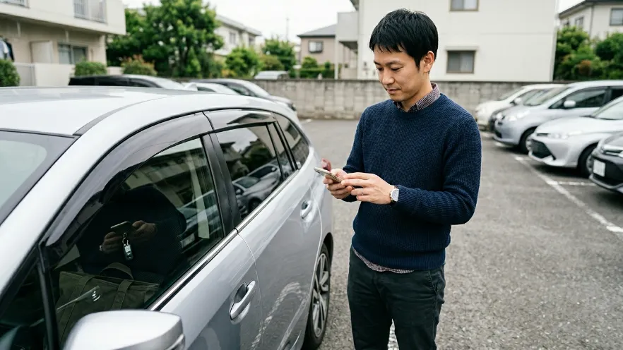 車の鍵を閉じ込めてスマートフォンで対処法を確認する日本人男性