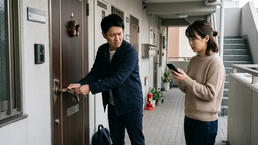 鍵屋のぼったくりを防ぐために玄関前で冷静に確認する日本人男女