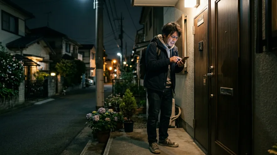 夜の玄関前で鍵をなくして焦りながらスマホで業者を探す日本人男性