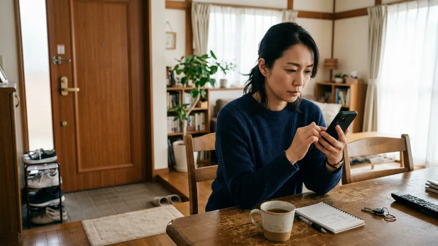 室内でスマートフォンを使って鍵屋の情報を慎重に確認する女性