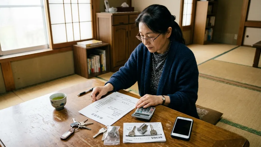 鍵交換の費用内訳を電卓で確認する女性