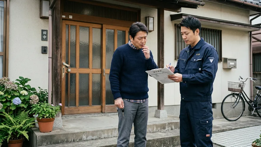 住宅の玄関前で鍵屋の作業員から料金説明を受ける男性の様子