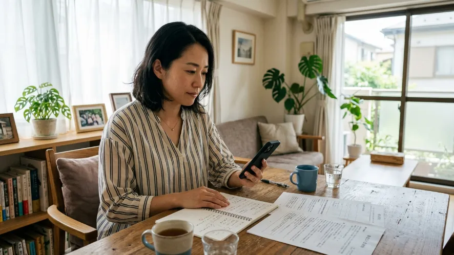 鍵屋の高額請求トラブルについて室内でスマートフォンと書類を確認する女性