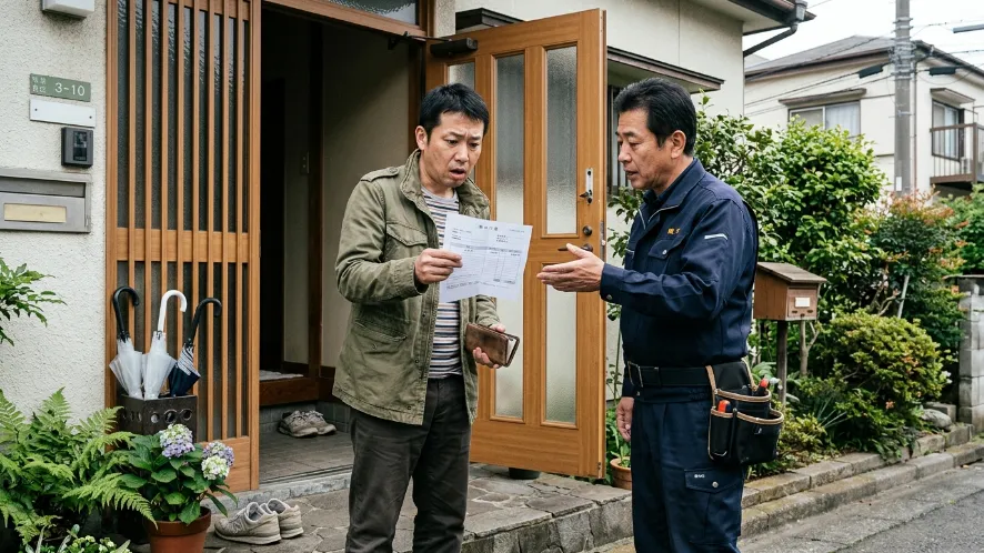 住宅の玄関前で鍵屋の請求書を見て驚く男性と説明する作業員の様子
