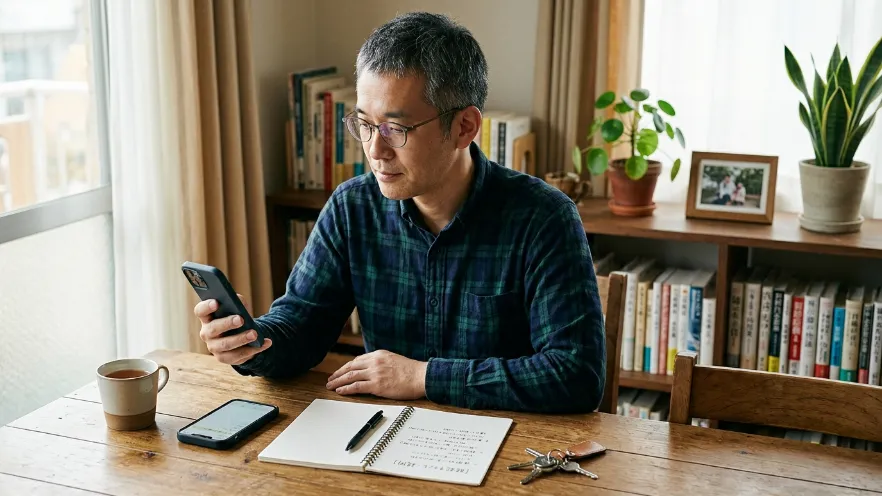 鍵とメモ帳を前にスマホで疑問を確認する日本人男性