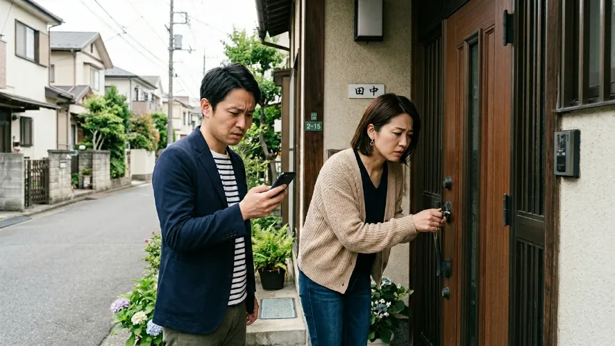 玄関前で鍵が開かずスマホを確認する男女