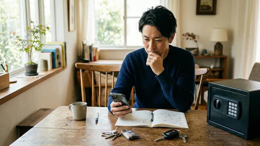 鍵屋料金を確認するためスマホとノートを見て悩む男性