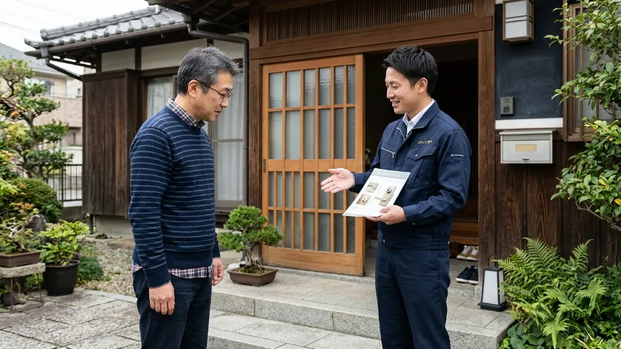 玄関前で鍵業者から説明を受ける日本人男性