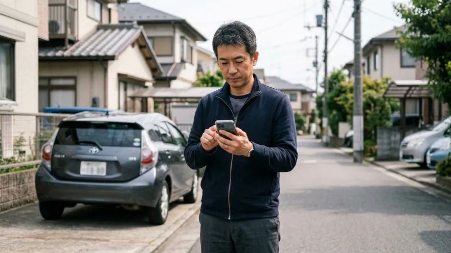 車のそばで鍵業者への連絡前に確認する日本人男性