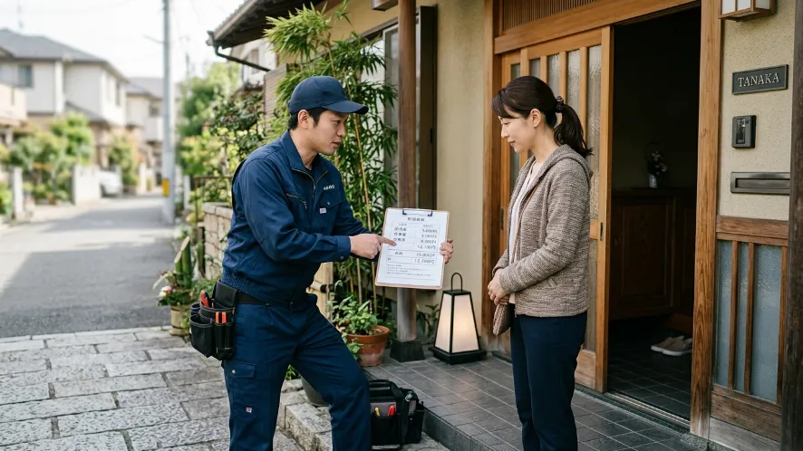 鍵屋の作業員が住宅の玄関前で女性に鍵開け料金の内訳を説明している様子