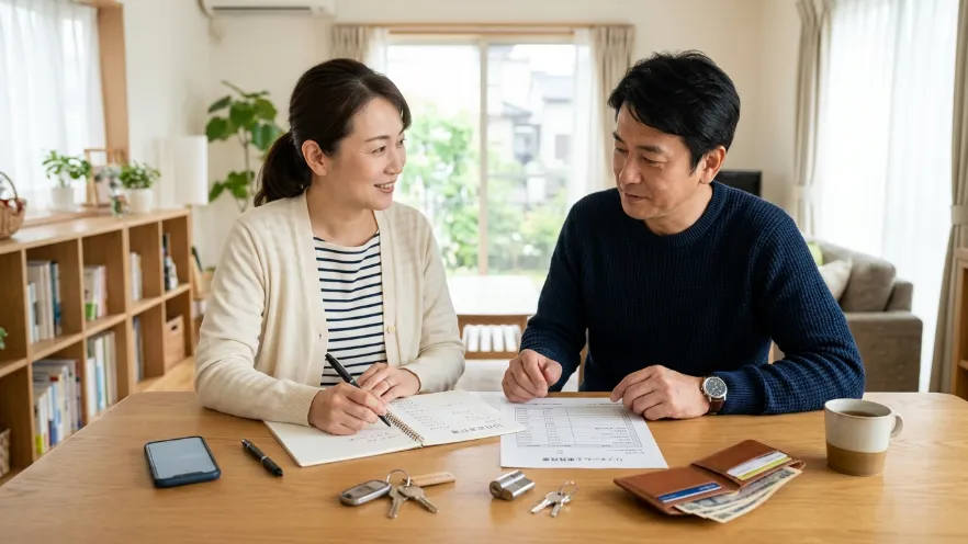 室内で鍵開けや鍵交換の料金目安を確認する日本人男女