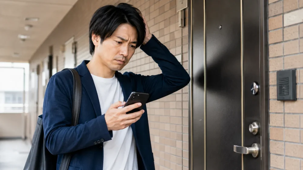 スマホで鍵開け業者に連絡しようとしている男性