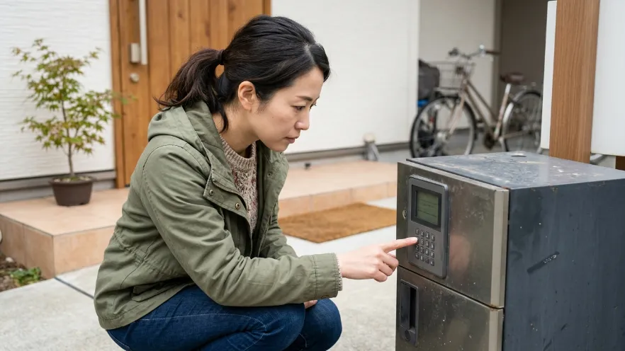宅配ボックスの操作パネルを見て電池切れのサインを確認する日本人女性