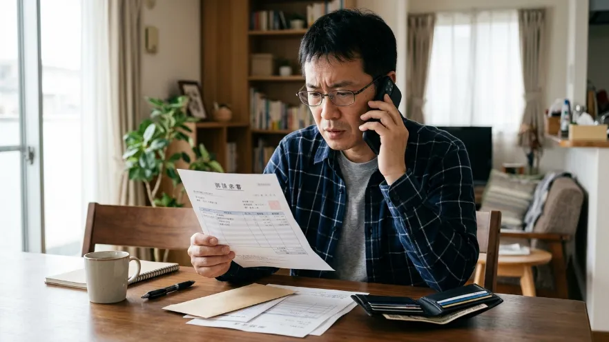 高額請求の書類を見ながら相談先に電話しようとする日本人男性