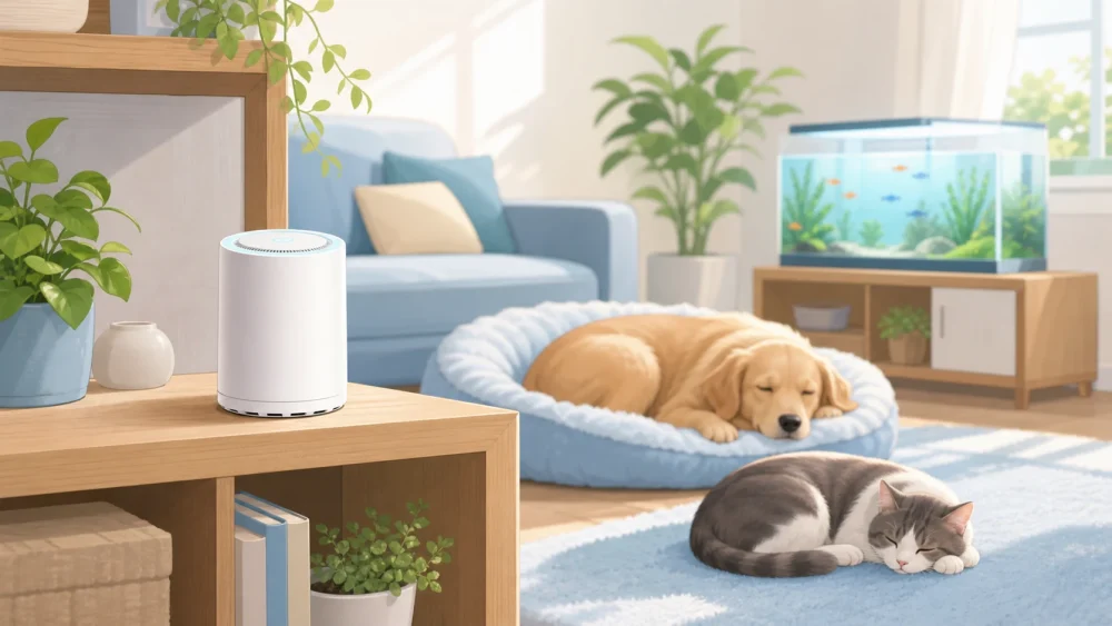 MAMOROOM device placed safely away from pet beds illustration