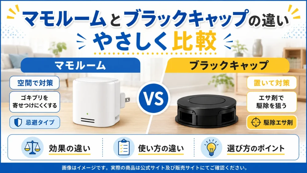 マモルームとブラックキャップの違いを忌避タイプと駆除エサ剤で比較したイメージ画像