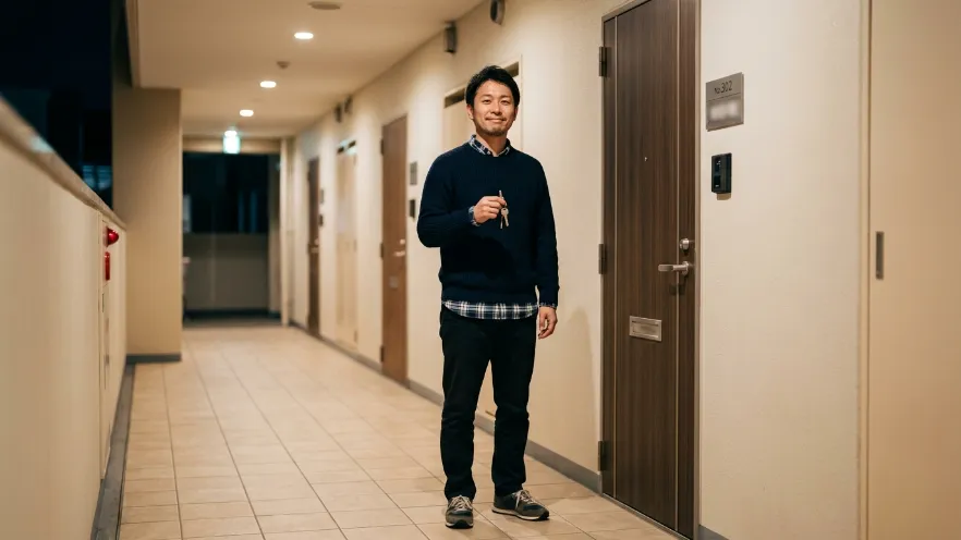 鍵トラブルが解決して安心した表情を見せる日本人男性