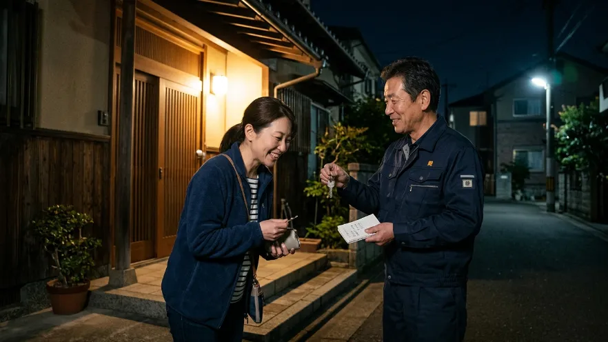 深夜の玄関前で鍵業者の説明を受けて安心する日本人の依頼者