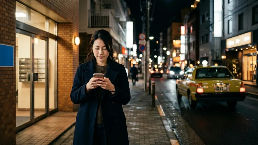 夜の賃貸マンション前でスマートフォンを見ながら対応を考える日本人女性