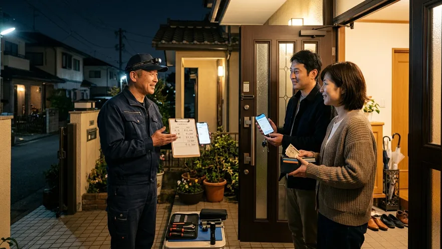 夜の玄関前で鍵開け料金の内訳を説明する日本人鍵業者と依頼者