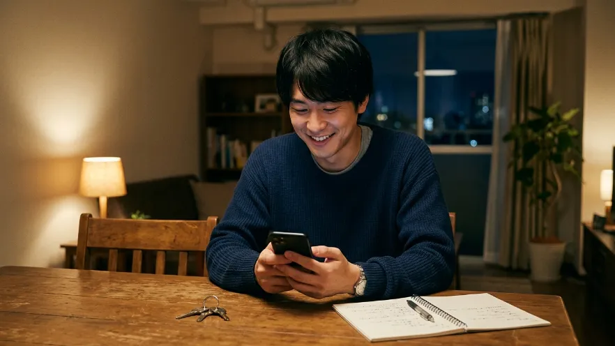 夜の室内で鍵開け料金の疑問をスマートフォンで確認する日本人男性