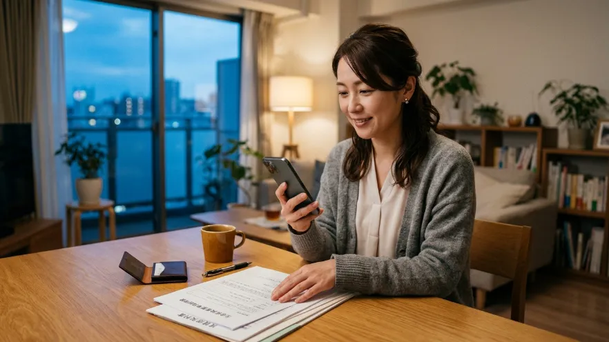 夜の室内で保険書類やスマートフォンを確認する日本人女性