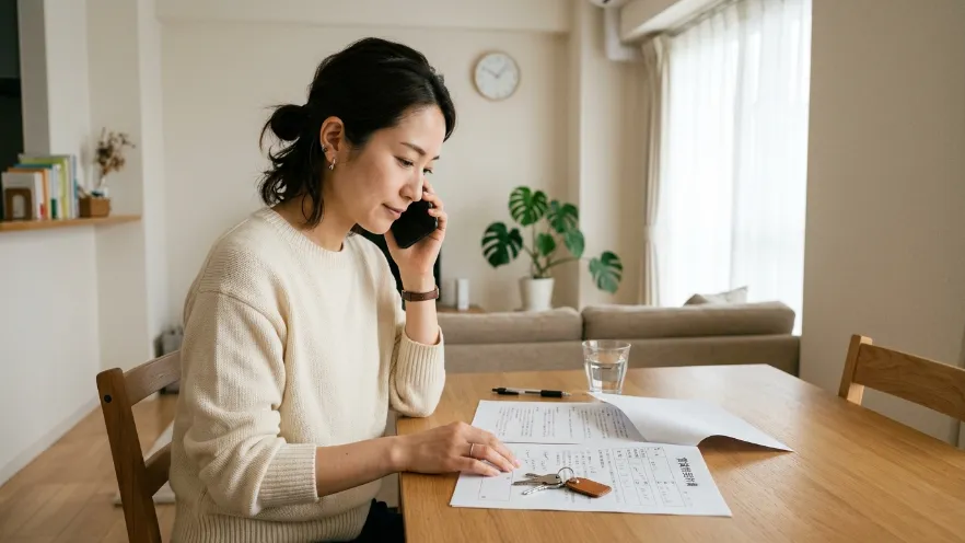 賃貸契約書と鍵を確認しながら慎重に連絡を取る日本人女性