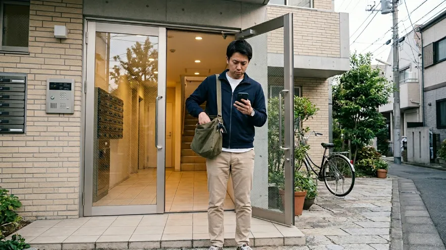 賃貸マンションの玄関前でスマホを見ながら落ち着いて対処しようとする日本人男性