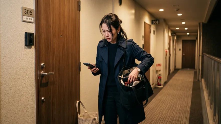 夜の賃貸マンションの玄関前で鍵を探して困っている日本人女性の様子