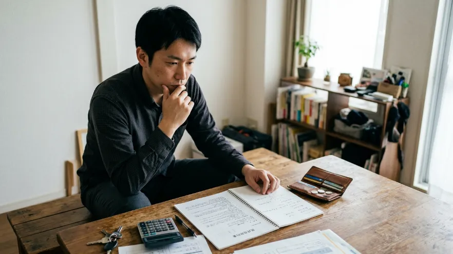 鍵や書類を前にして鍵交換の費用を確認している日本人男性