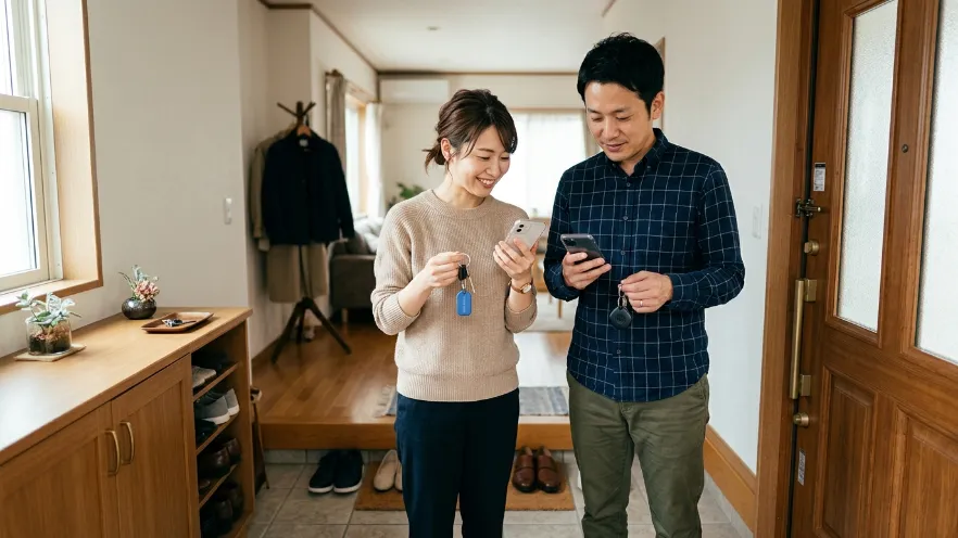 玄関で鍵や紛失防止対策を確認している日本人夫婦の様子