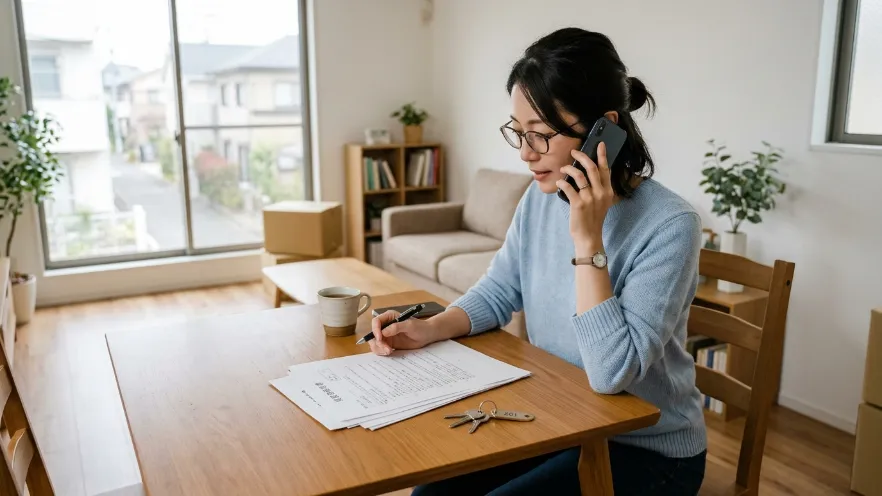 鍵やノートを前にして疑問を整理しながら情報を確認する日本人女性